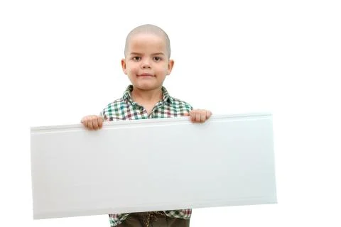 Cute boy standing with empty blank in hands, isolated on white Stock Photos