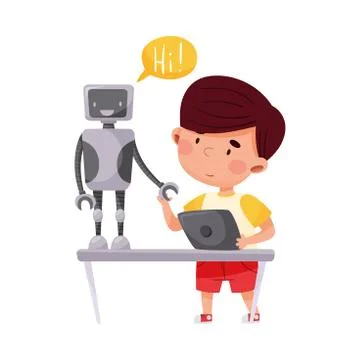Cute Boy Standing with Tablet PC and Configurating Robot Vector Illustration 스톡 일러스트