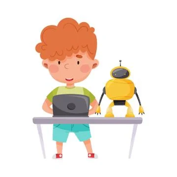 Cute Boy Standing with Tablet PC and Configurating Robot Vector Illustration Stockillustratie