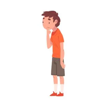 Cute Boy Standing in Thoughtful Pose with Hand on His Chin Cartoon Vector Stock Illustration