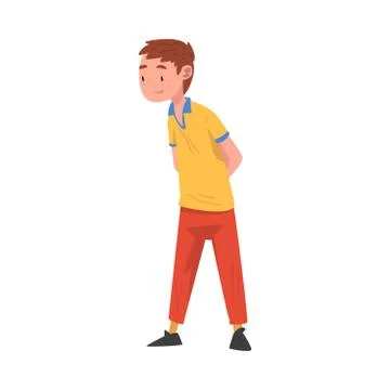 Cute Boy Standing in Thoughtful Pose with Hands Folded Behind his Back Cartoon Stock Illustration