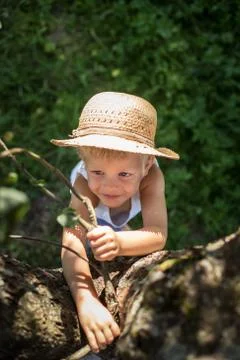 Cute boy with straw hat trying climb on a tree Stock Photos