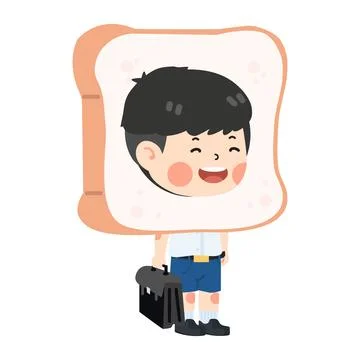 Cute boy student holding bag education with Toast bread Head Stock Illustration