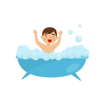 Cute boy taking bath in bubble bathtub, kids activity, daily routine vector Stock Illustration