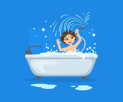 Cute Boy Taking Bath in Bubble Bathtub, Daily Routine Vector Illustration Stock Illustration