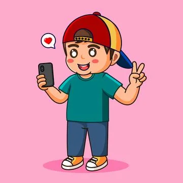 Cute Boy Taking Selfie with Peace Sign Vector Illustration Illustrazione stock