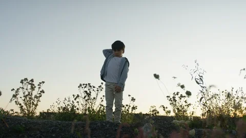 Cute boy throwing the stone in the field at sunset Stock Footage 119993075