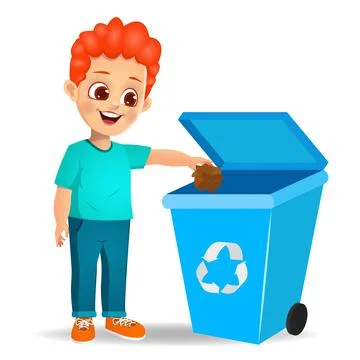 Cute boy throwing trash in recycle bin vector Stock Illustration