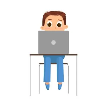 Cute Boy Using Laptop Computer at Workplace, Front View, Online Education or イラスト素材