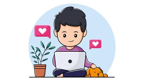 Cute boy using laptop with pet dog. Illustration