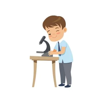 Cute boy using microscope at lesson, pupil in school uniform studying at school 스톡 일러스트
