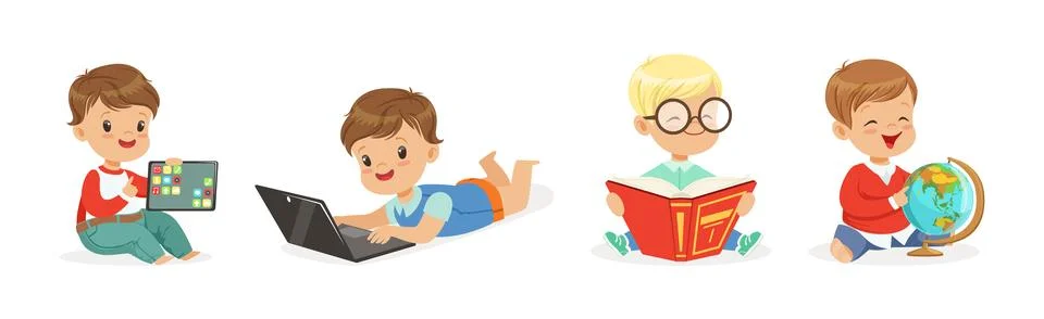 Cute Boy Using Modern Mobile Gadget and Read Book Learning Vector Set Stock Illustration