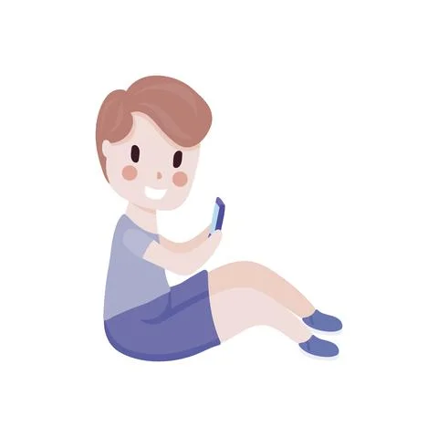 Cute boy using smartphone cartoon isolated white background Illustrazione stock