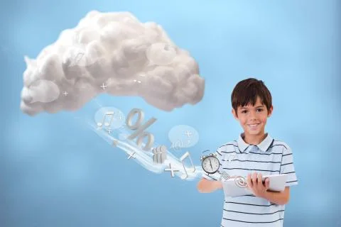 Cute boy using tablet to connect to cloud computing 스톡 일러스트