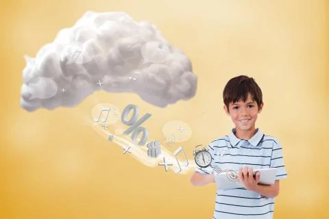 Cute boy using tablet to connect to cloud computing Stockillustratie