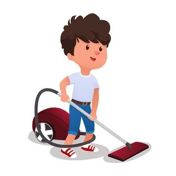 Cute boy with vaccuum cleaner isolated on white background. Vector illustration Stock Illustration