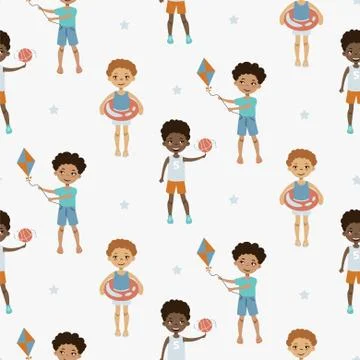 Cute boy vector cartoon style seamless pattern. Illustrazione stock