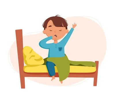 Cute boy wake up vector illustration. Daily routine. Schedule. Illustration.. Stock Illustration