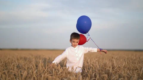 Cute boy walk in the wheat field with balloons Stock Footage 157286324