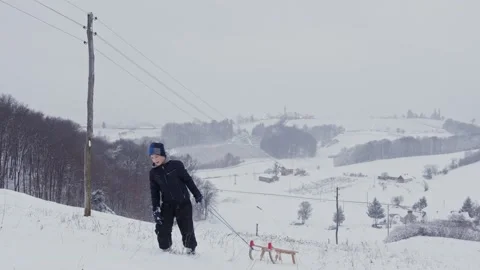 Cute boy in warm clothing pulling wooden sled on snowy winter day Stock Footage 147856062