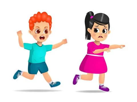 Cute boy was angry and chase scared friend Stock Illustration