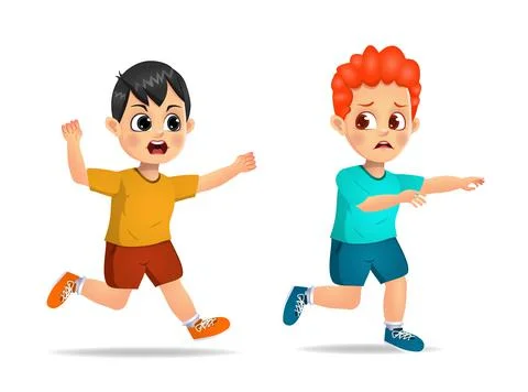 Cute boy was angry and chase scared friend Stock Illustration