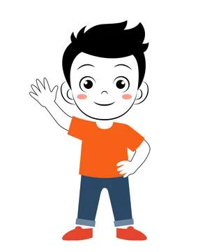 Cute boy waves with cheerful expression. Stock Illustration