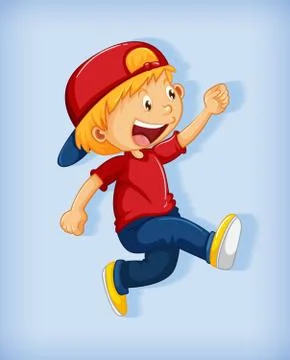 Cute boy wearing red cap with stranglehold in walking position cartoon charac Ilustración de archivo