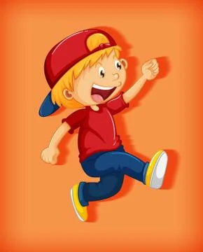 Cute boy wearing red cap with stranglehold in walking position cartoon charac Ilustración de archivo