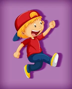 Cute boy wearing red cap with stranglehold in walking position cartoon charac Ilustración de archivo