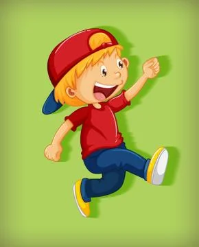 Cute boy wearing red cap with stranglehold in walking position cartoon charac Ilustración de archivo