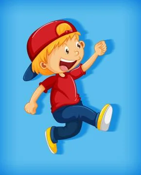 Cute boy wearing red cap with stranglehold in walking position cartoon charac Ilustración de archivo