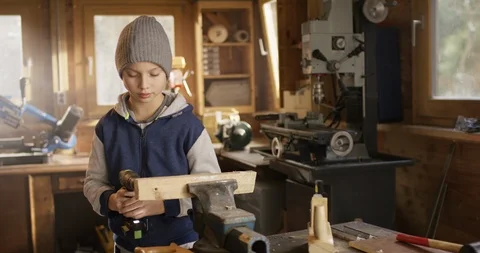 Cute Boy working with Wood Video stock 85618935