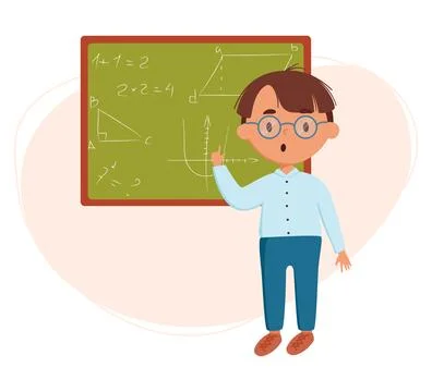 Cute boylearning at school vector illustration. Child answers math at the bla Stock Illustration