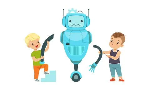 Cute Boys Creating Robot Model Set, Kids Building Robot, Hobby or Future Stock Illustration