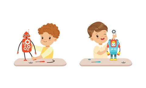 Cute Boys Creating Robot Models Set, Kids Engineers Building Robotic Technology イラスト素材