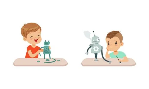 Cute Boys Creating Robot Models Set, Kids Building Robots, Hobby or Future Stock Illustration