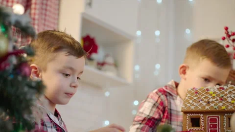 Cute boys decorating gingerbread house with topping and icing at the kitchen Stock Footage 265848047
