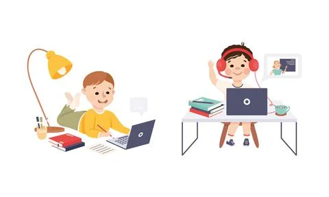 Cute boys learning online using laptop computers. Schoolkids at distance Illustrazione stock