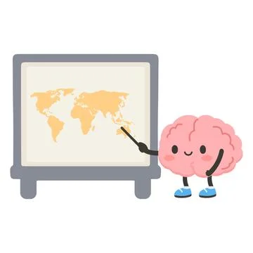 Cute Brain Character Explains World Map Illustrazione stock