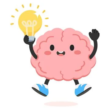 Cute Brain Character Holding Bright Light Bulb Stock Illustration