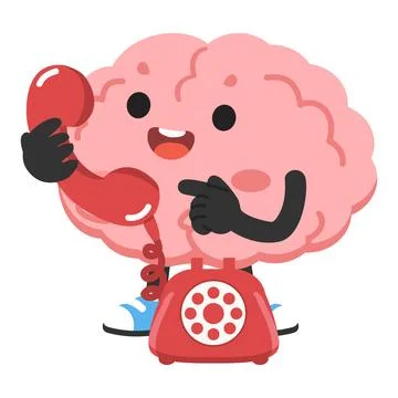 Cute Brain Character Talking on Vintage Red Telephone for Mental Health Sup.. Stock Illustration