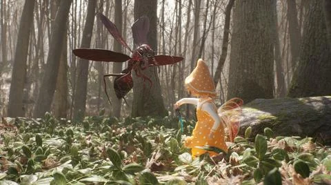 A cute brave elf fights with a magic elven sword with a terrible dangerous Stock Illustration