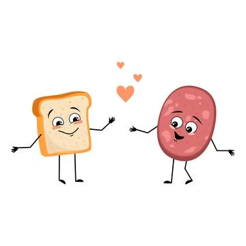 Cute bread and sausage character with love emotions, smile face, arms and legs. Stock Illustration
