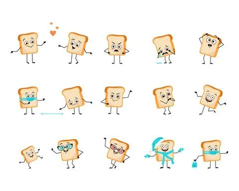 Cute bread character with happy or sad emotions, panic, loving or brave face Stock Illustration