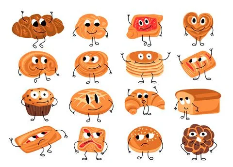 Cute bread characters. Funny bakery characters with smiley faces hands and le Stockillustratie