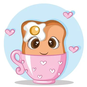 Cute bread with egg on the tea cup character vector template design illustr.. Иллюстрация