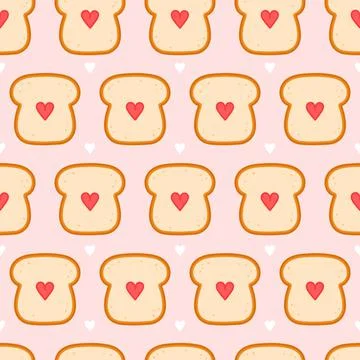 Cute bread toast with heart seamless pattern. Vector flat cartoon kawaii Stock Illustration