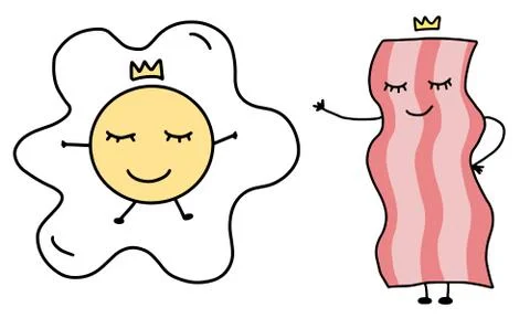 Cute breakfast. Cartoon fried egg and bacon. Funny doodle characters isolated Stock Illustration
