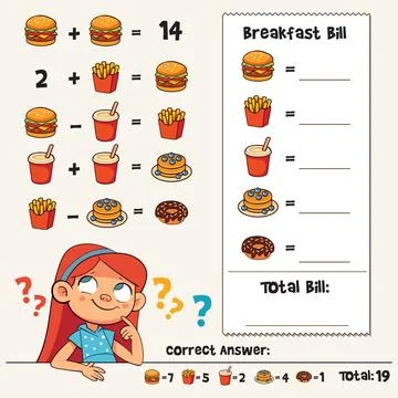 Cute breakfast math puzzle for kids. Fun logic activity with cartoon girl a.. Stock Illustration